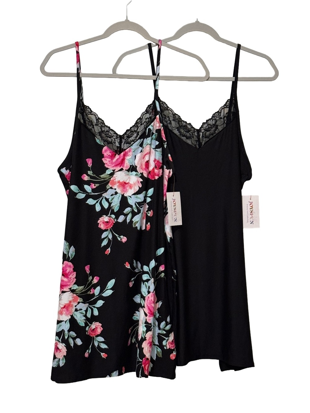 Joyspun Set of 2 Chemise Nightgowns L 12-14 Black Floral Lace NWT Sleepwear Soft
